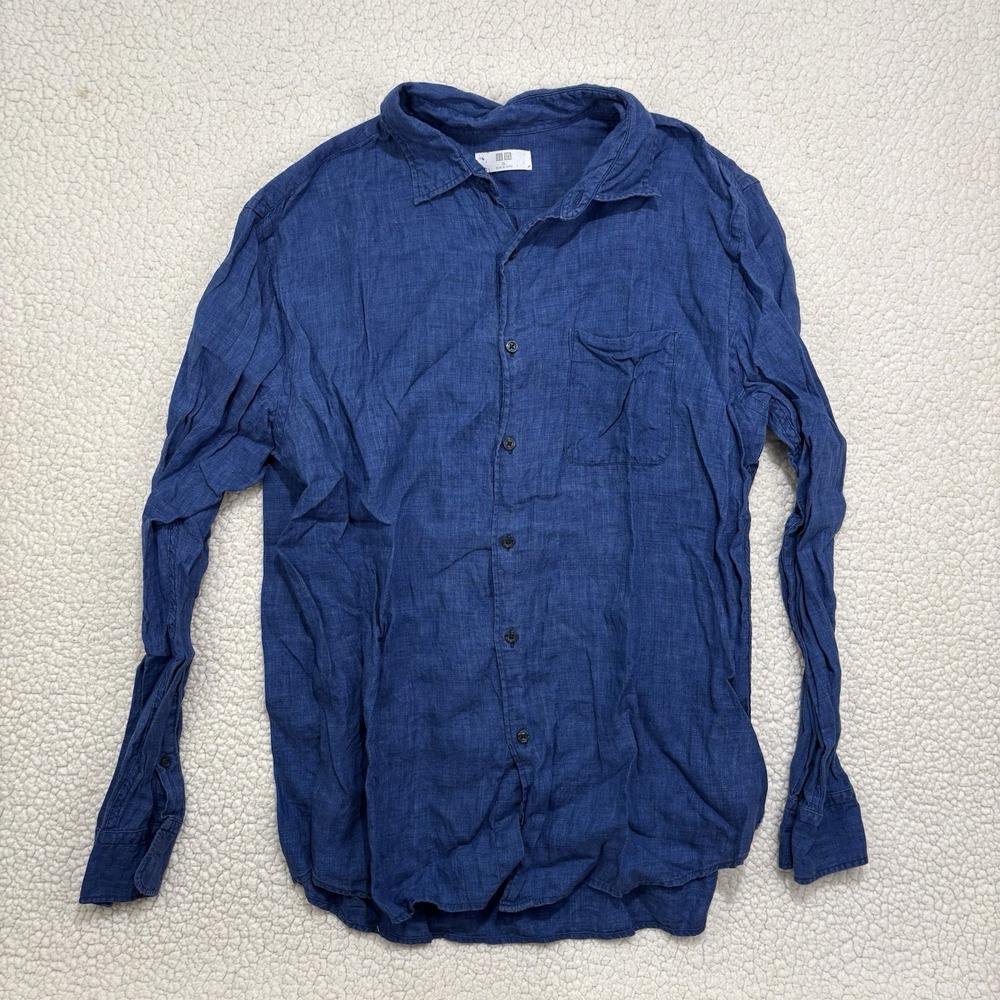 Uniqlo‎ 100% Linen Button Up Shirt Mens XL Long Sleeve Navy Blue Lightweight